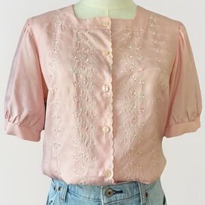 Vintage 90s Pink Puff Sleeve Button Front Blouse Womens L Romantic Cottagecore